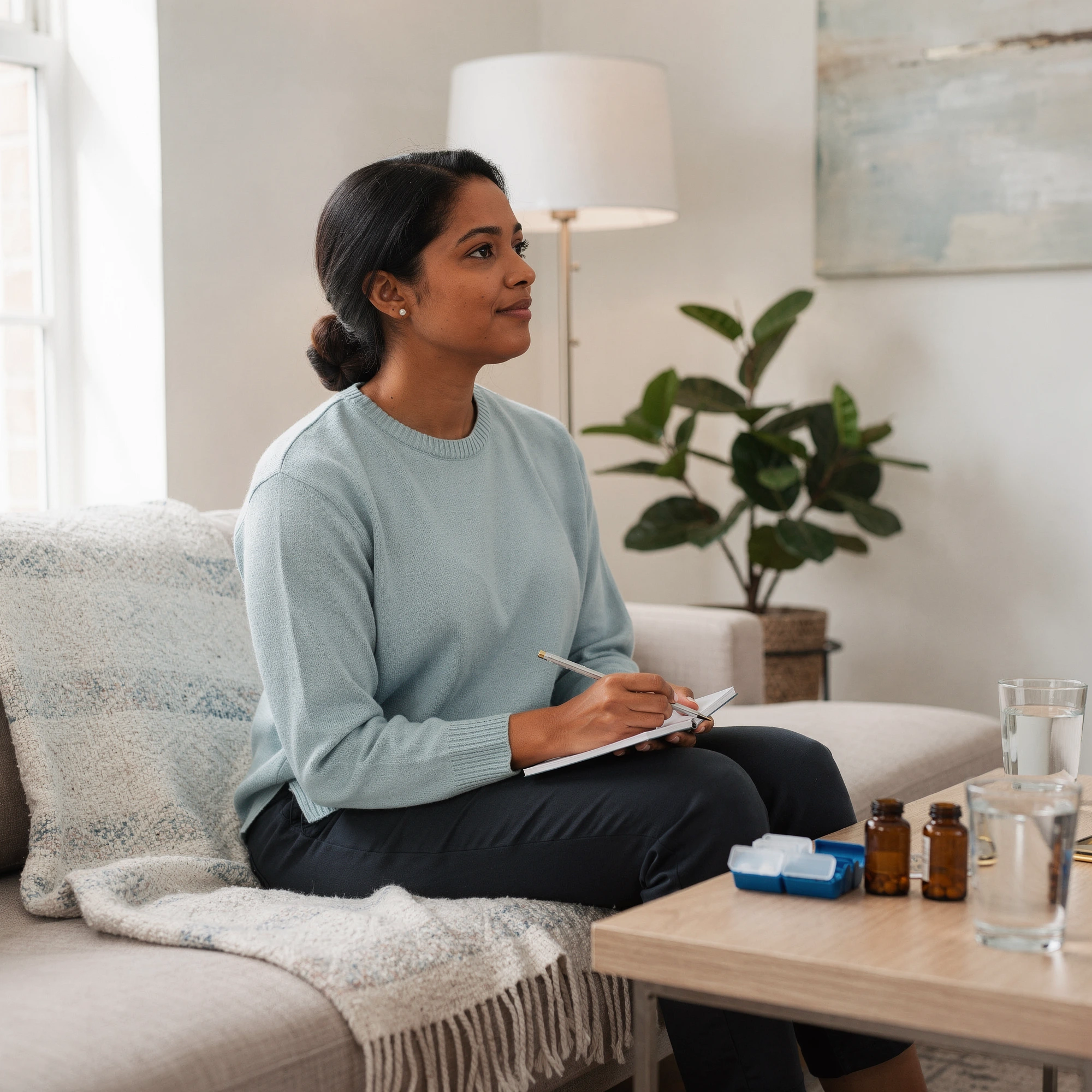 Woman on a sofa with a notebook and medications – medication management in Havertown, PA